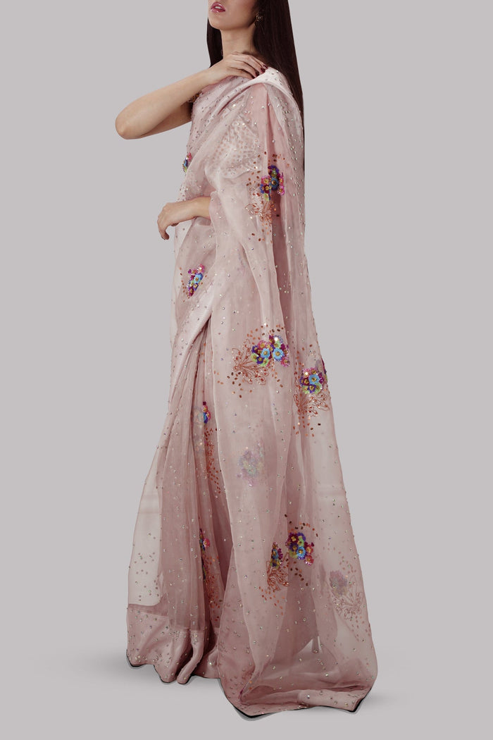 Rose Smoke Embellished Organza Sari