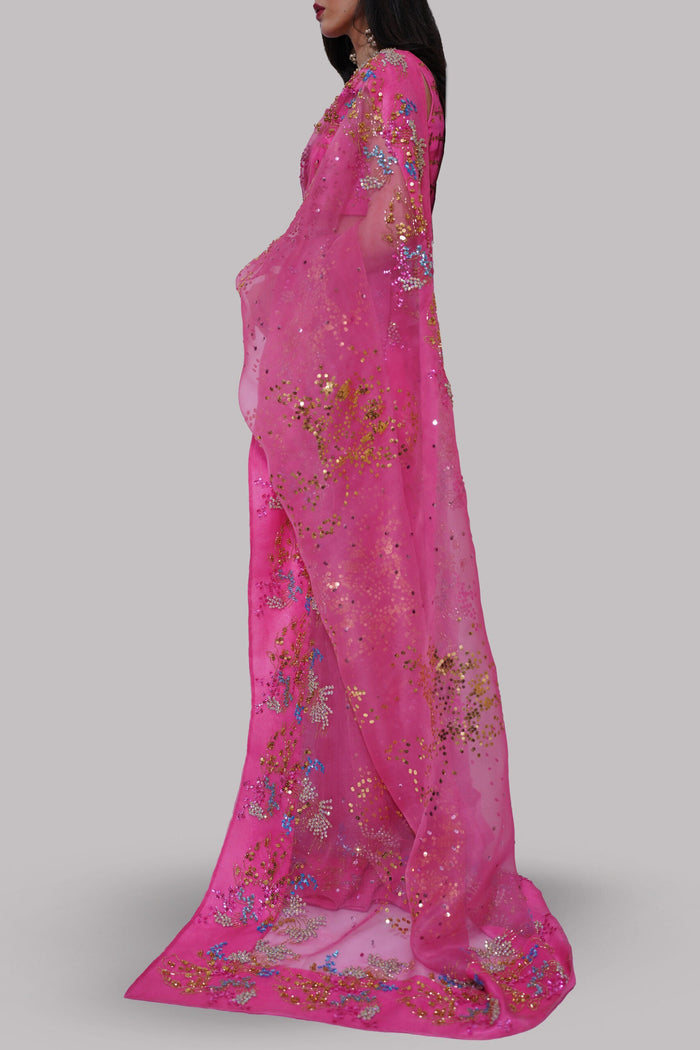 Hot Pink Embellished Organza Sari