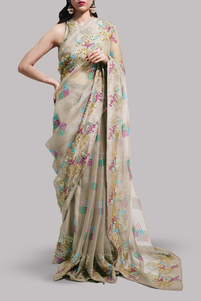 Simply Taupe Embellished Organza Sari