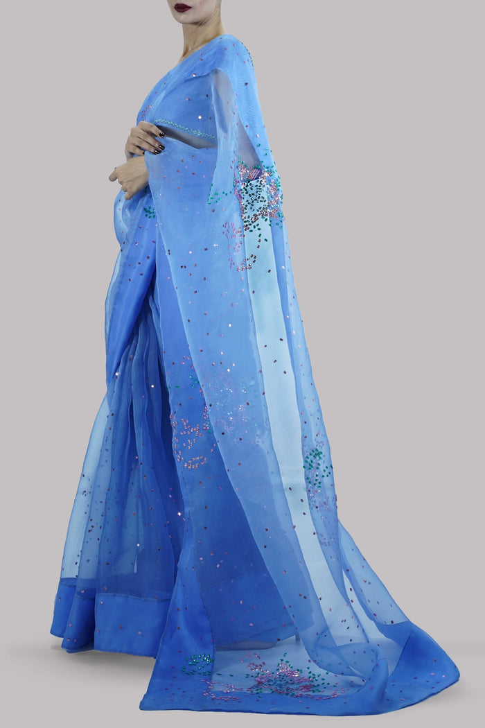 Cornflower Blue Embellished Organza Sari