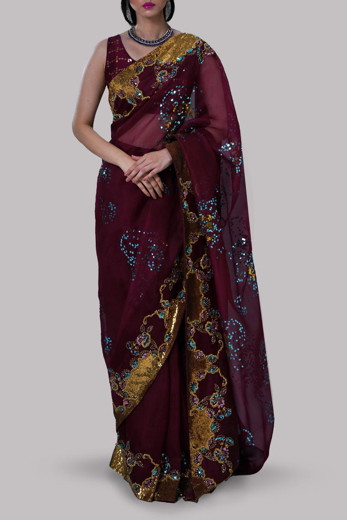 Cloqué Maroon Embellished Organza Sari