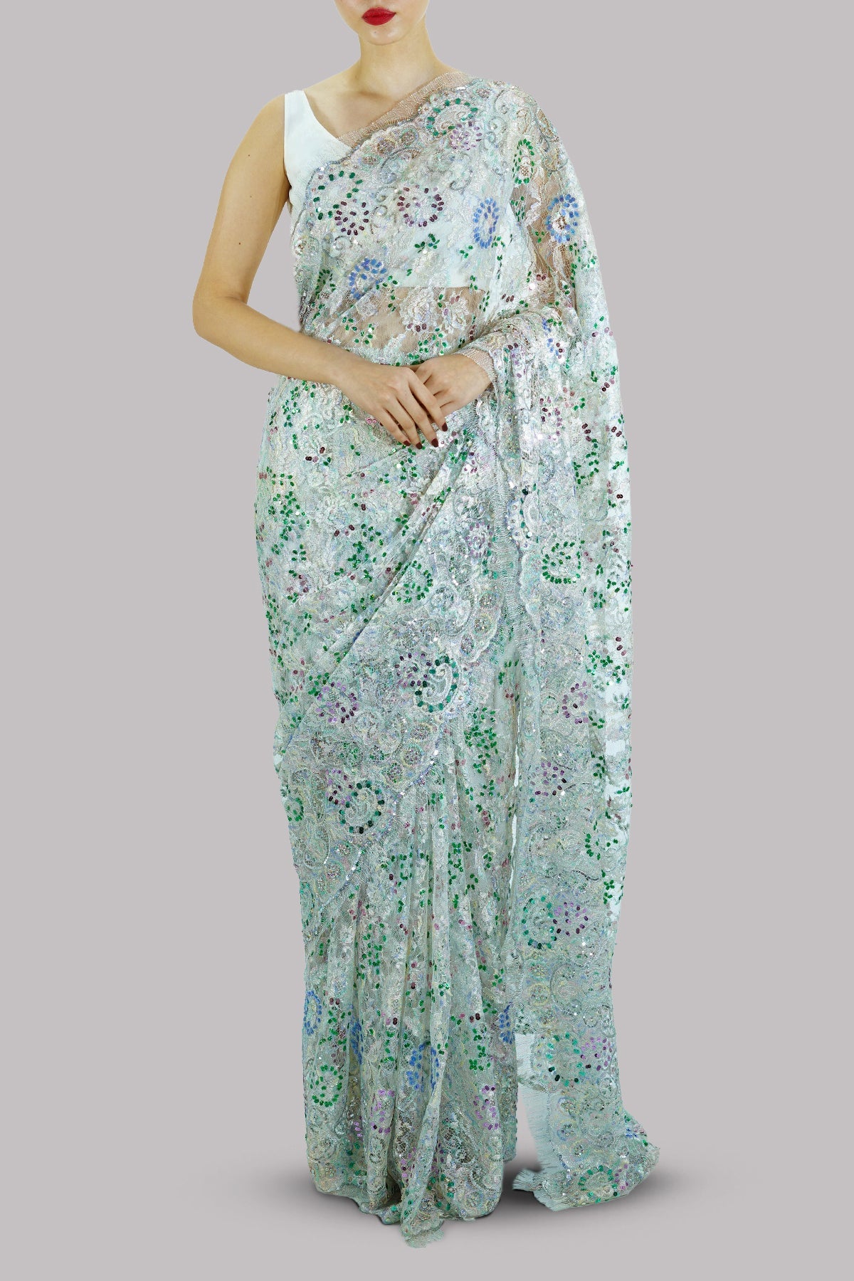 Icicle Multitone Embellished Chantilly Lace Sari