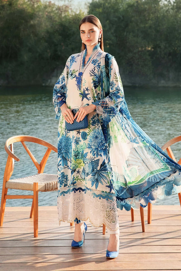 White  Blue Printed Lawn Suit