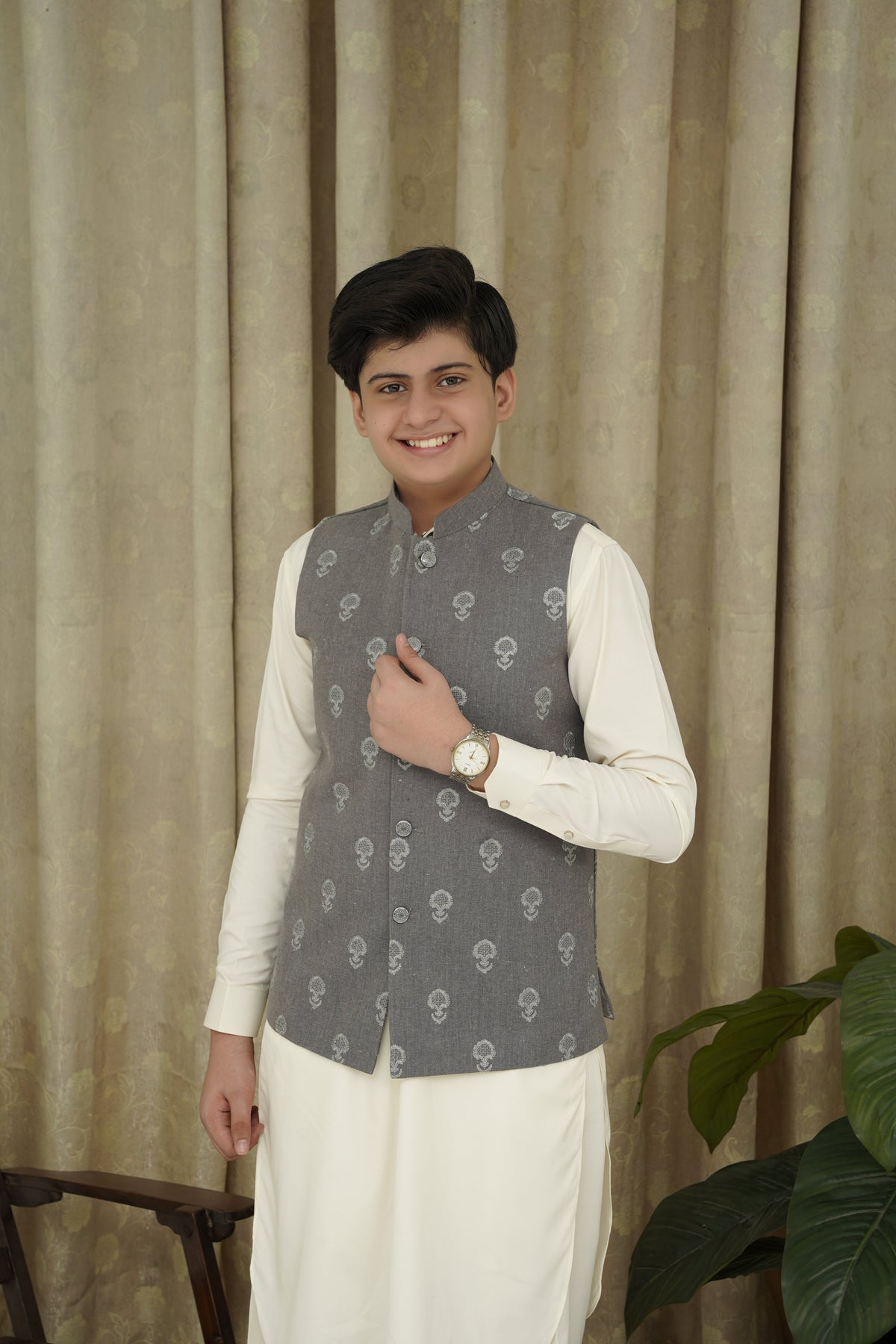 Gray Embroidery Boys Waistcoat