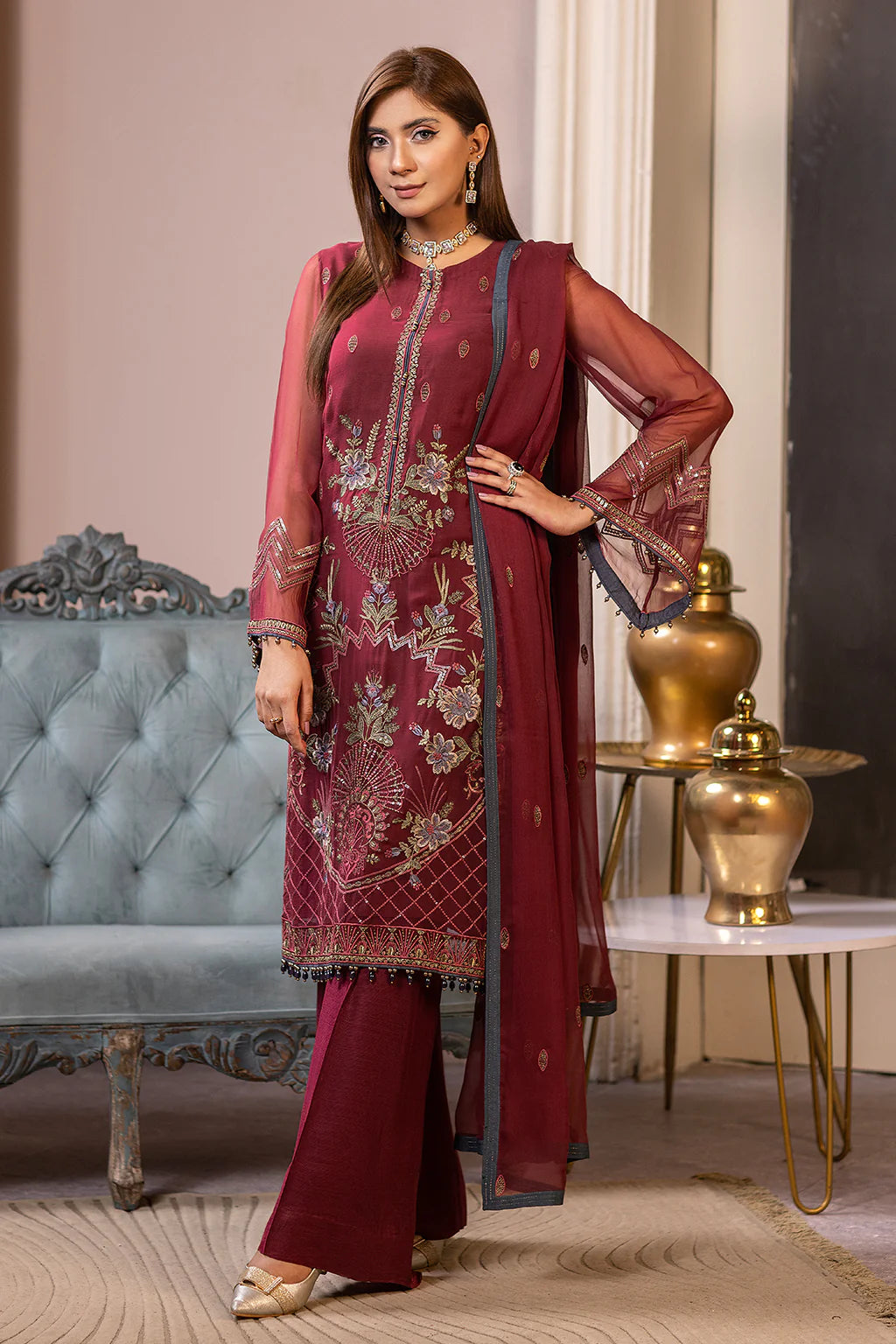 WARDA - 3 Piece Marina Deep Red Suit with Mirror Work and Shawl – Ruby  Designs