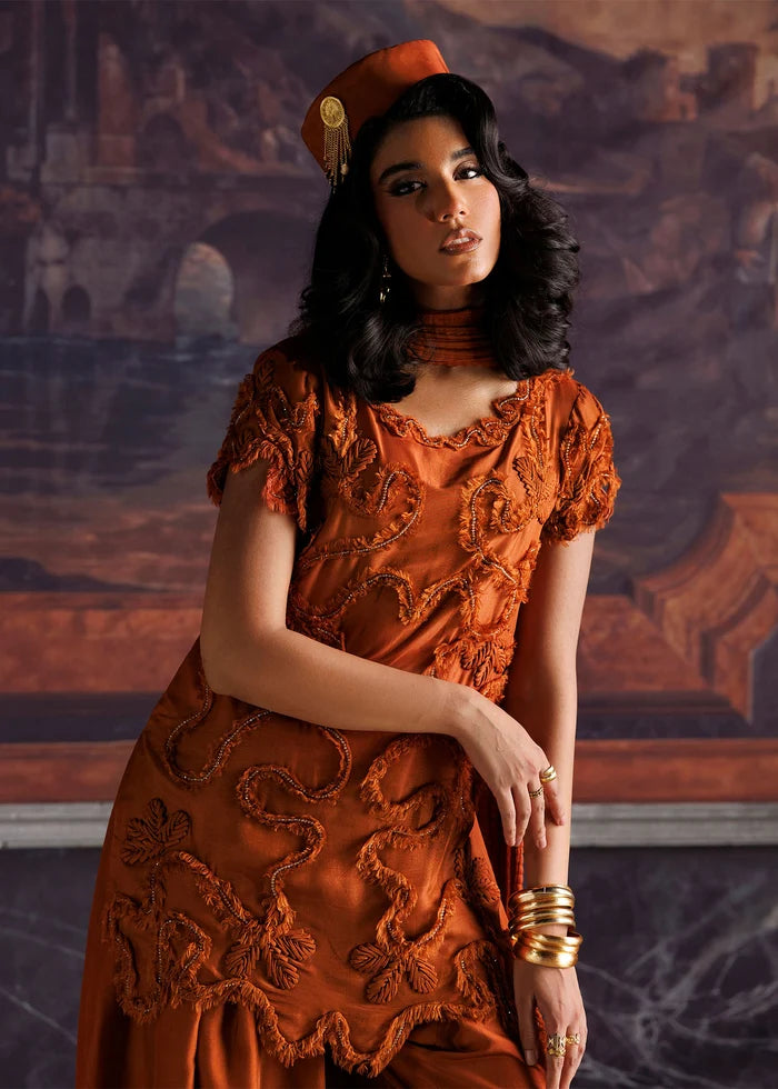 ELIA — Nuriyaa La Fiora Luxury Pret 2026 (Rust) Silk Shirt & Balloon Pants with Handcrafted Embellishments