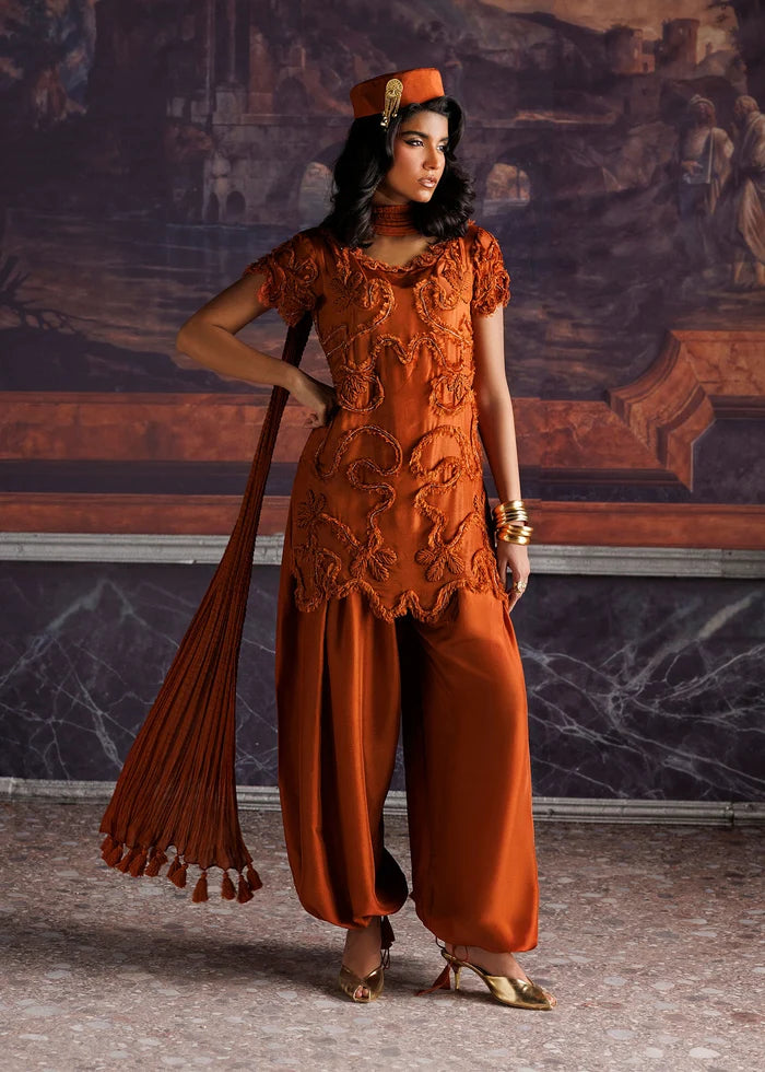 ELIA — Nuriyaa La Fiora Luxury Pret 2026 (Rust) Silk Shirt & Balloon Pants with Handcrafted Embellishments