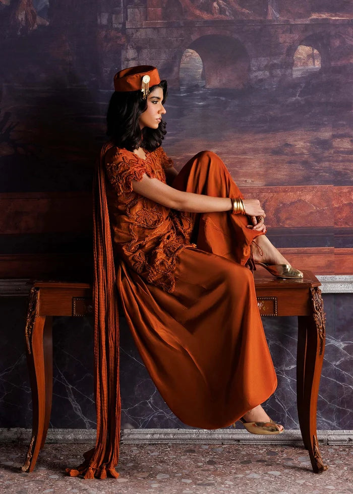 ELIA — Nuriyaa La Fiora Luxury Pret 2026 (Rust) Silk Shirt & Balloon Pants with Handcrafted Embellishments