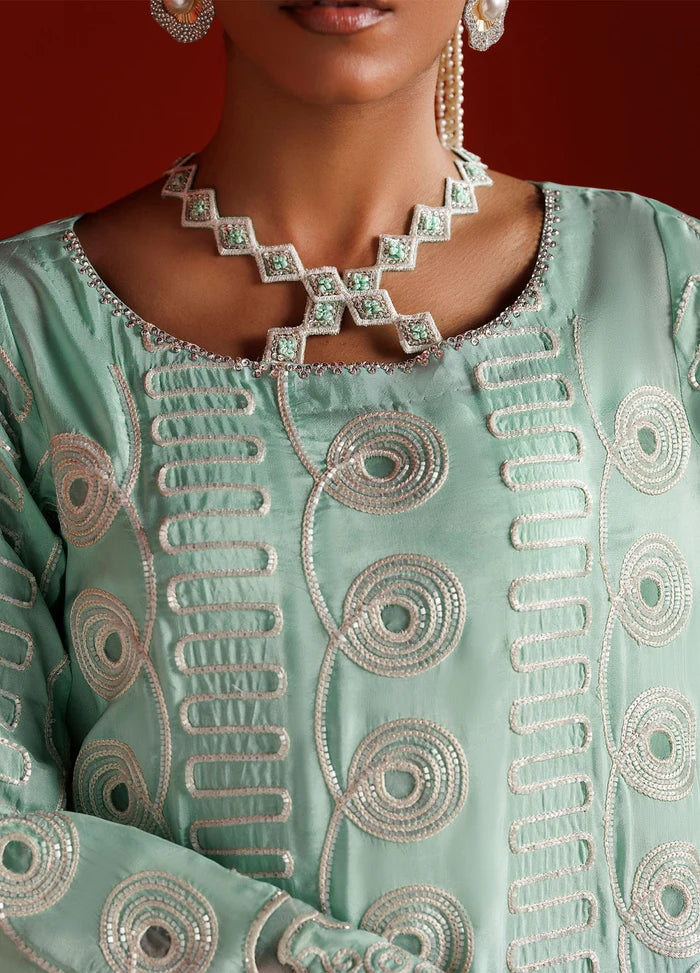 AZZURA Sea Green Embroidered Luxury Pakistani Ensemble – Four-Piece Set | Nuriyaa