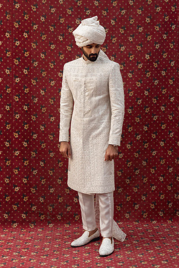 WHITE EMBOSSED LUXURY SHERWANI