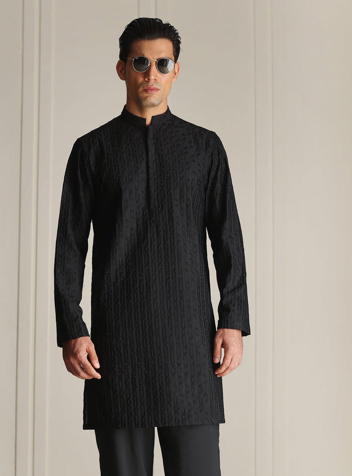 Black Mesh Embroidered Kurta