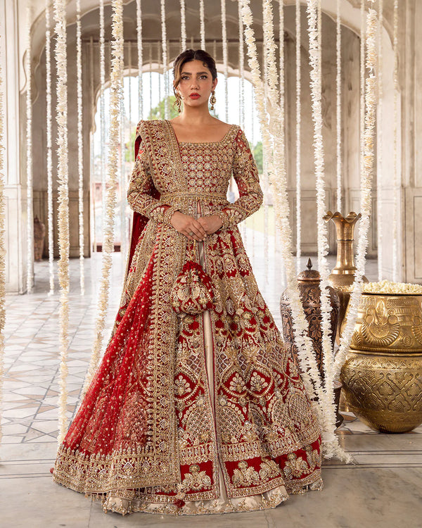 Pakistani Bridal Dress in Open Gown and Lehenga Style