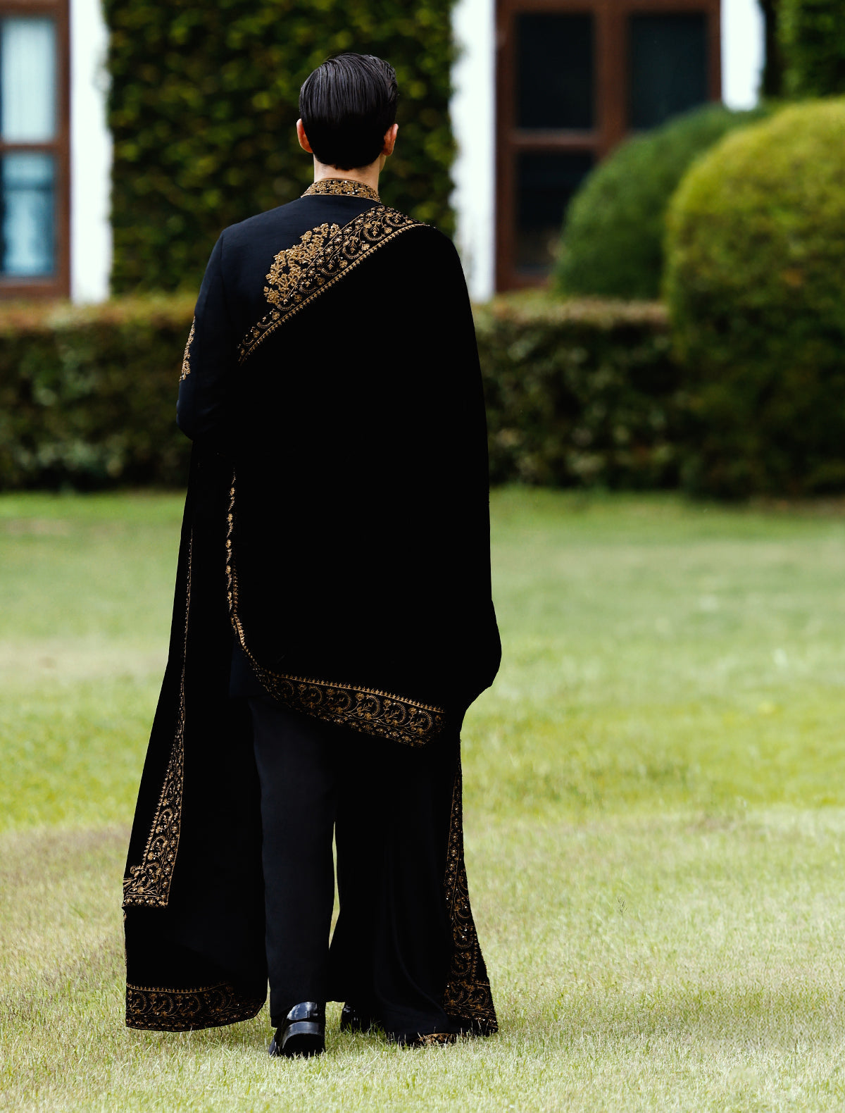 Black Hand Embroidered Short Length Sherwani