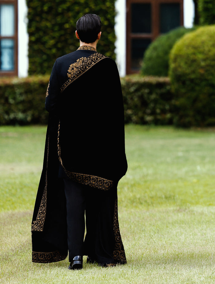Black Hand Embroidered Short Length Sherwani