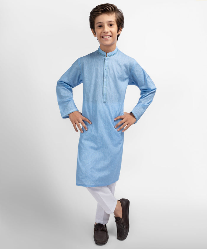 Blue Cotton Semi-Formal Kurta