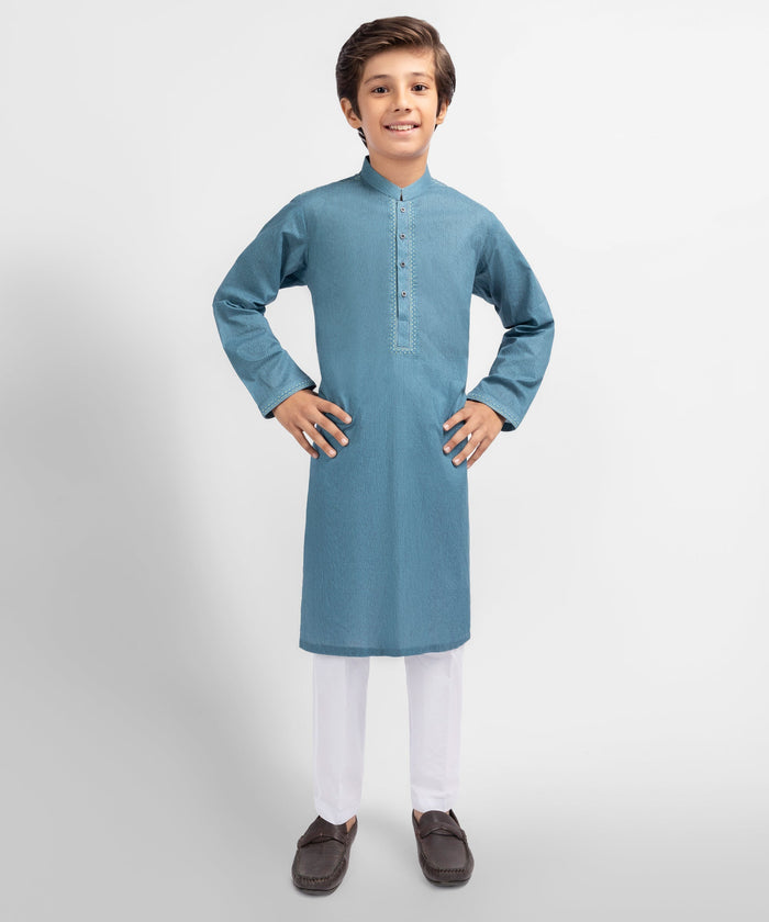 Blue Cotton Semi-Formal Printed Kurta