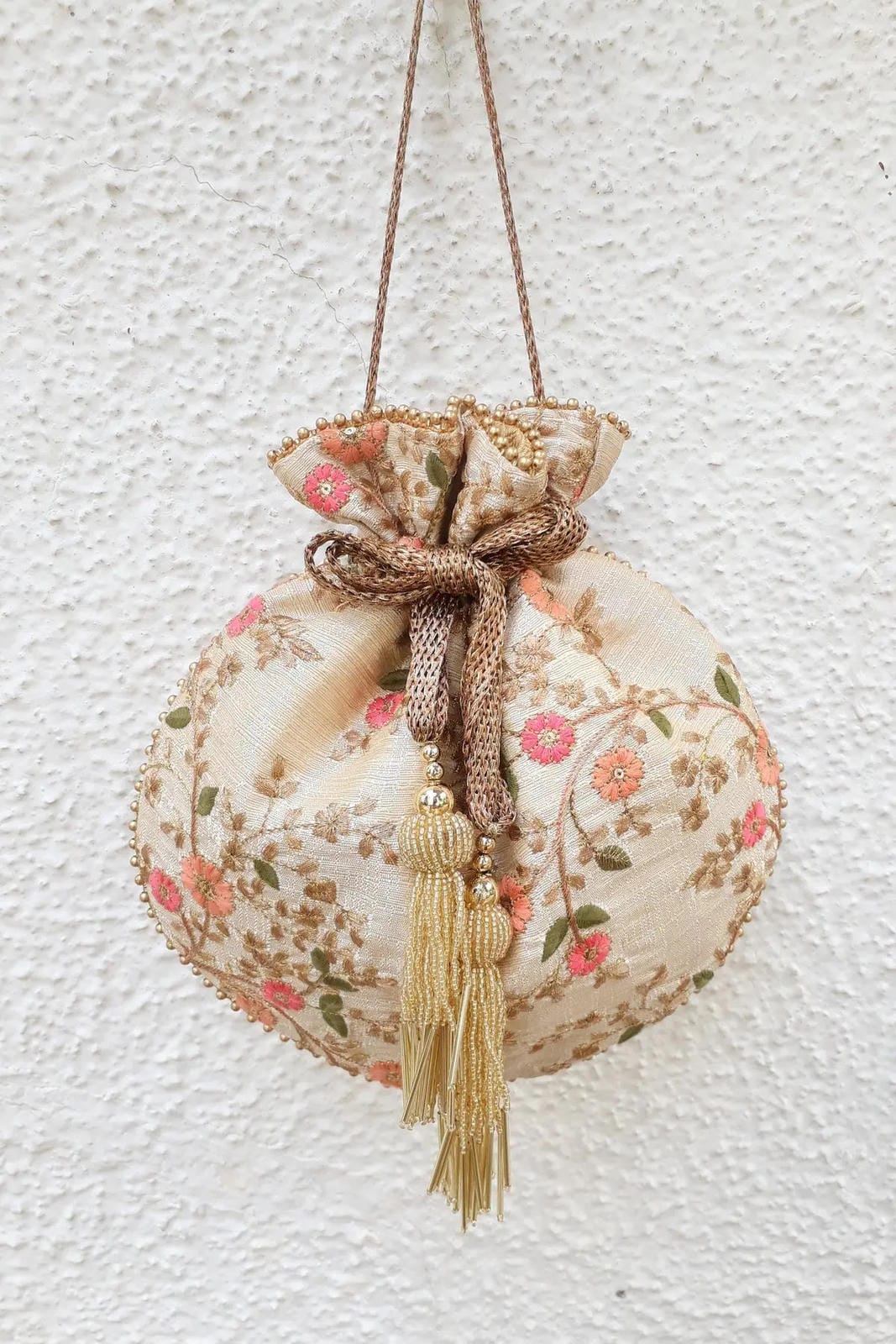 Floral Creeper Cream Potli Bag
