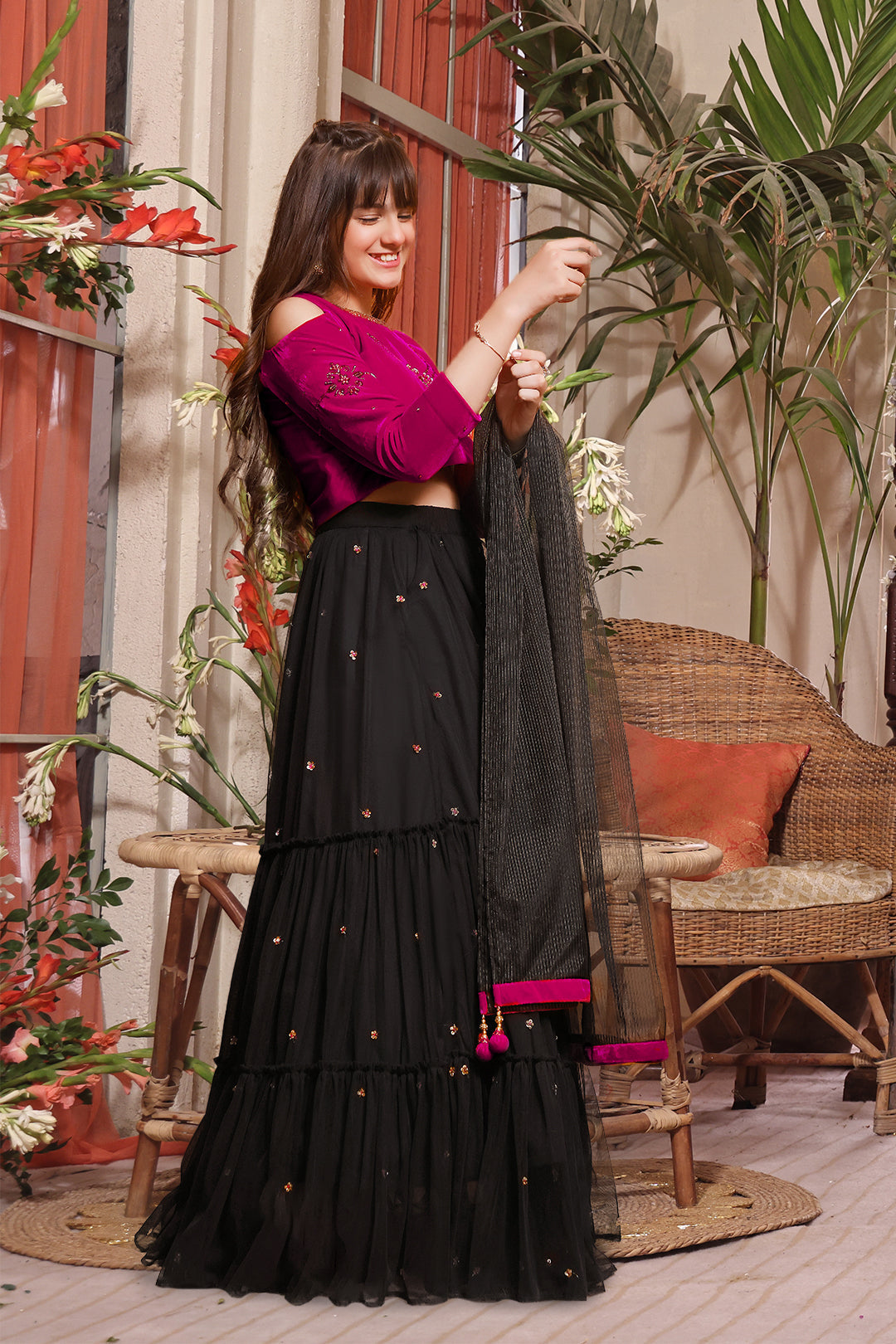 Embroidered Velvet Net Lehenga Choli — Magenta Black Velvet