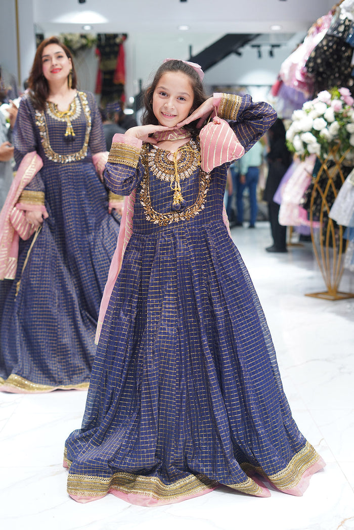Navy Blue & Tea Pink Hand-Embellished Zari Check Maxi Set