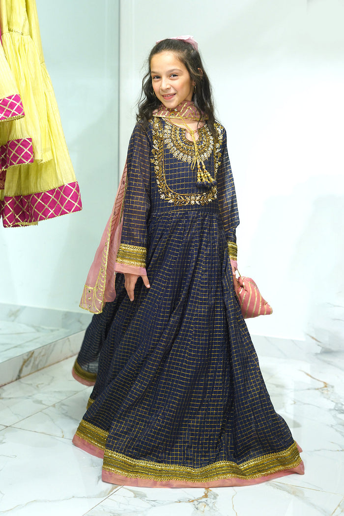 Navy Blue & Tea Pink Hand-Embellished Zari Check Maxi Set