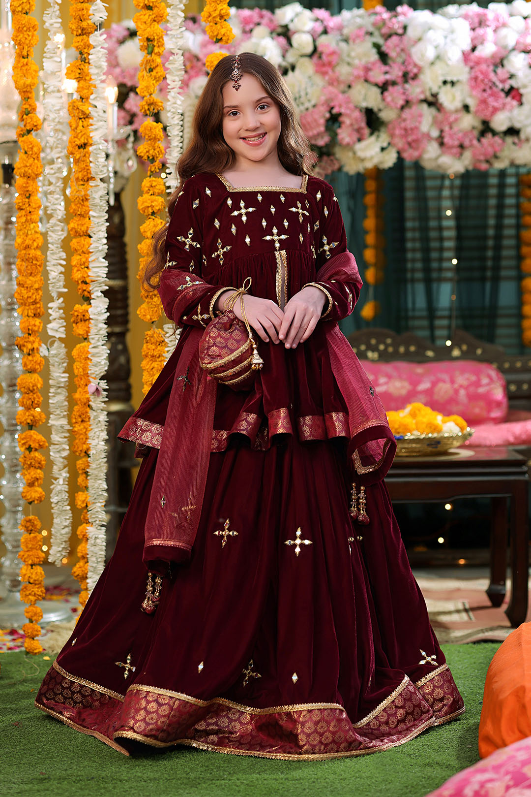 Mirror Embroidered Peplum Style Velvet Lehenga