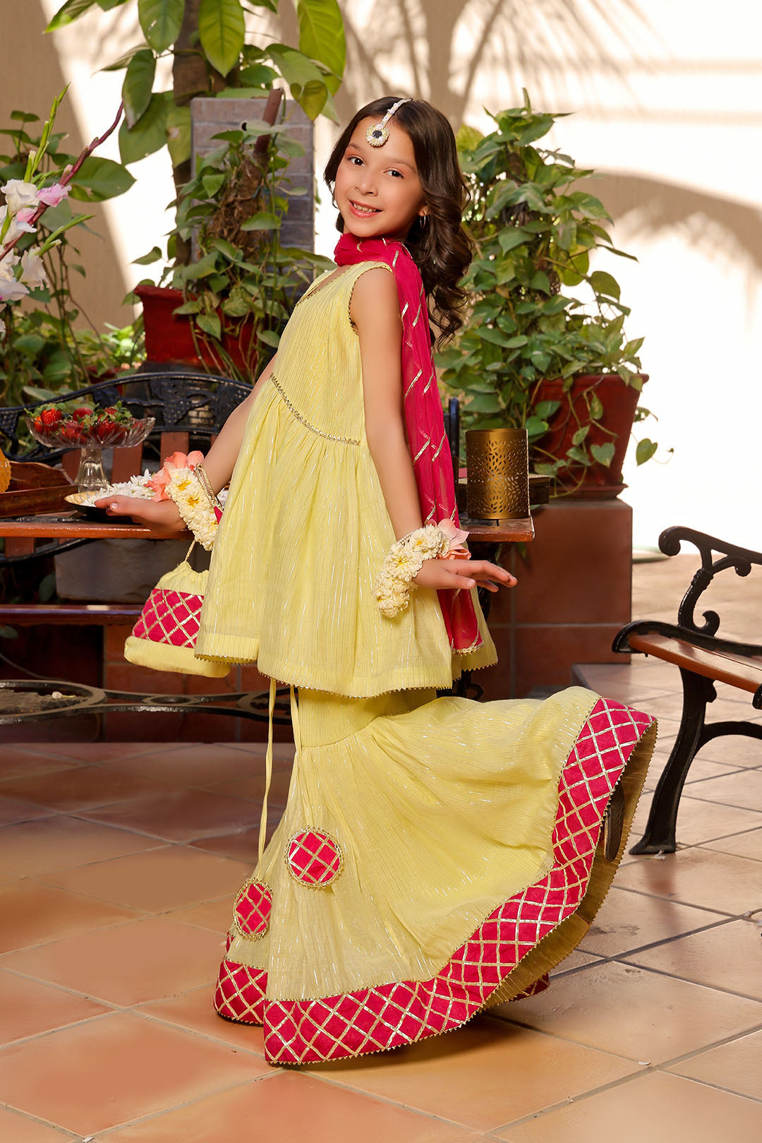 Lemon Sorbet & Magenta Festive Crinkle Gharara Set
