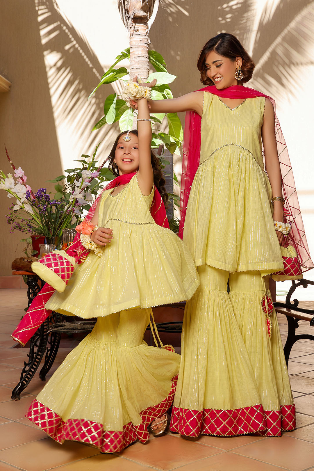 Lemon Sorbet & Magenta Festive Crinkle Gharara Set