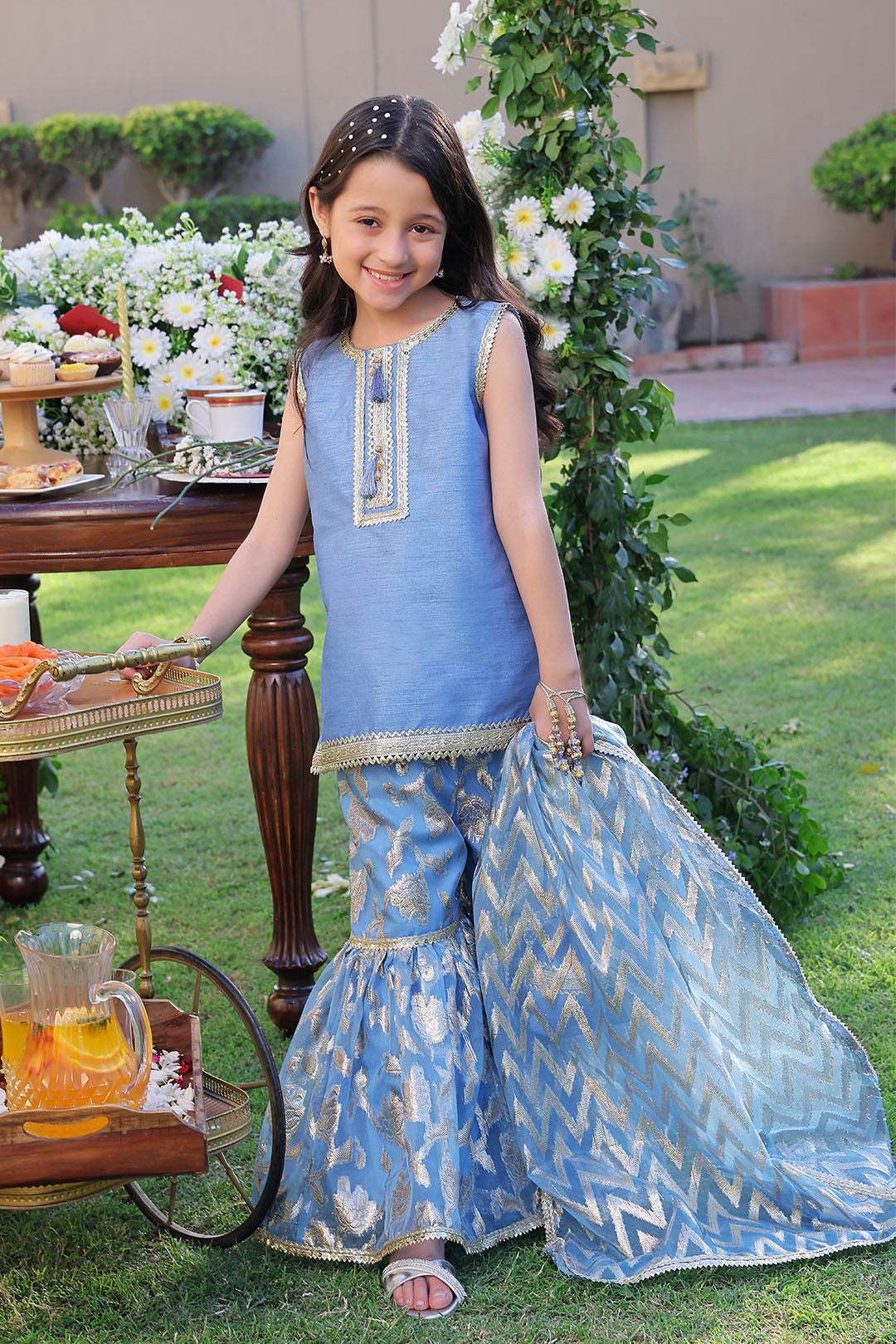 Powder Blue & Gold Chevron Festive Gharara Set