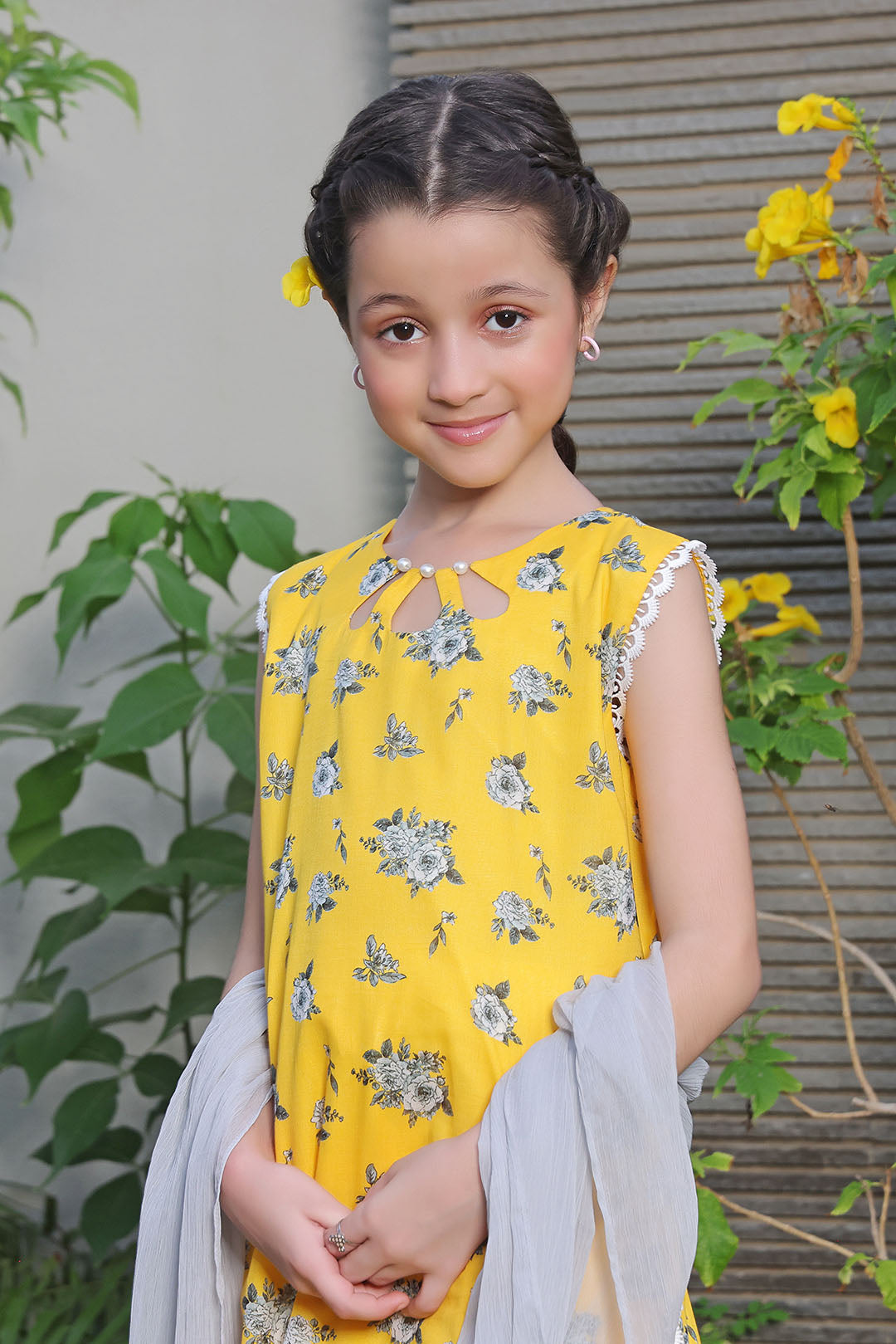 Floral Printed Lawn Cotton 3pc Suit — White Ivory Yellow