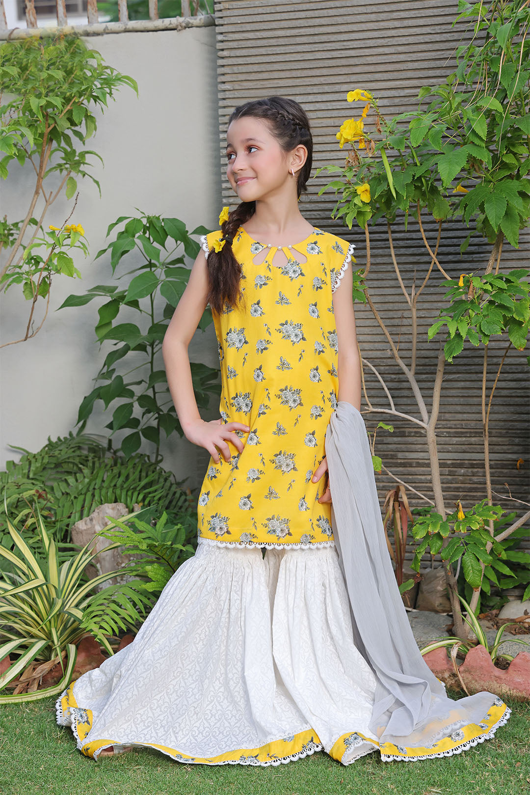 Floral Printed Lawn Cotton 3pc Suit — White Ivory Yellow