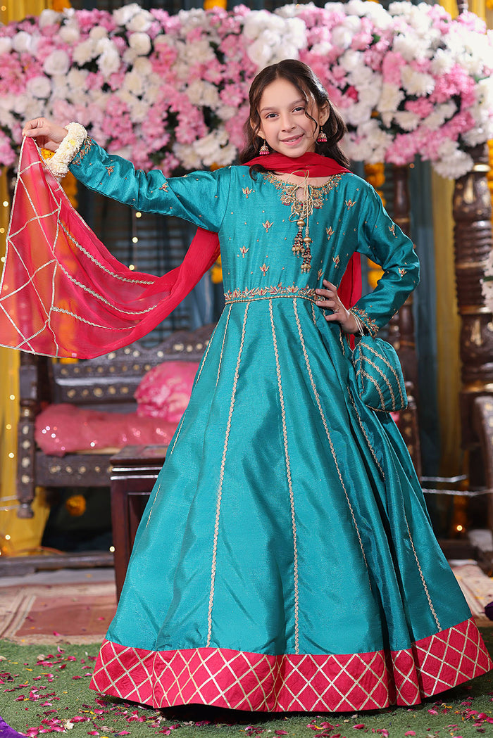 Sea Green & Hot Pink Handcrafted Raw Silk Maxi Set