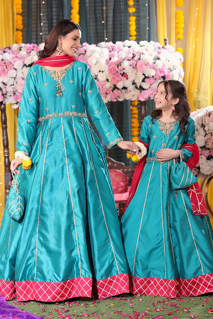 Sea Green & Hot Pink Handcrafted Raw Silk Maxi Set