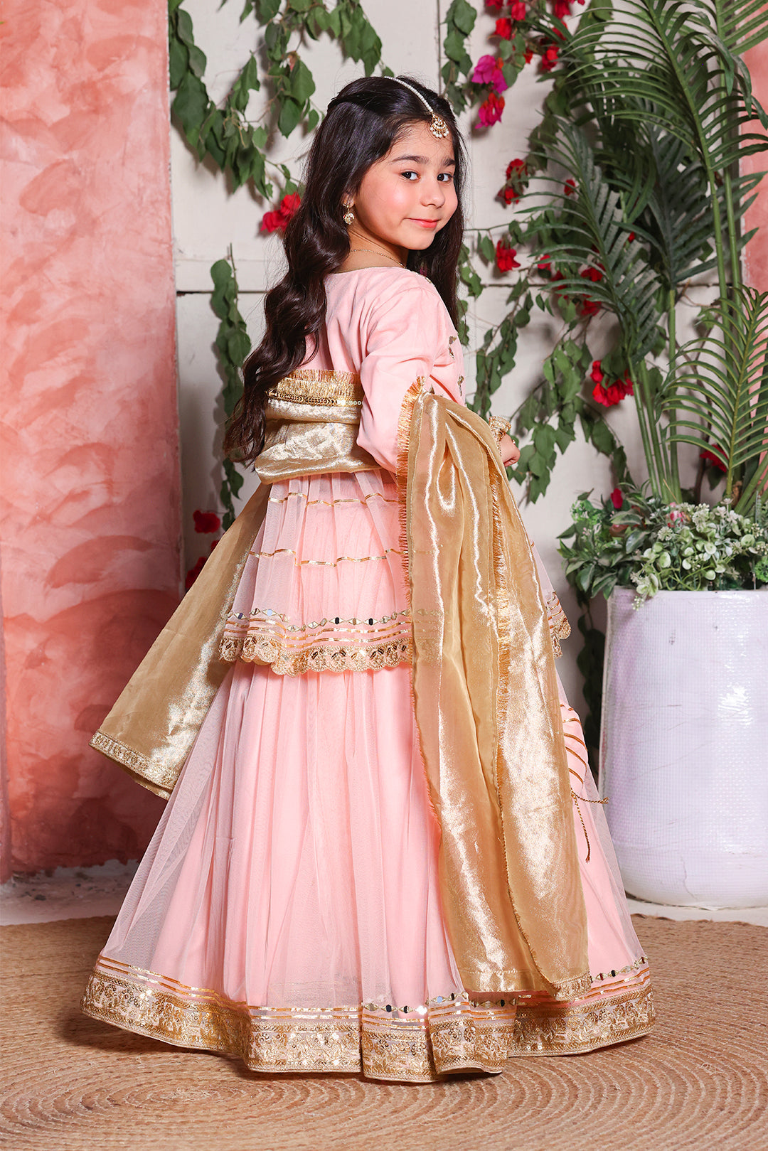 Peach Mirror Work Peplum Lehenga Set with Golden Brocade Dupatta