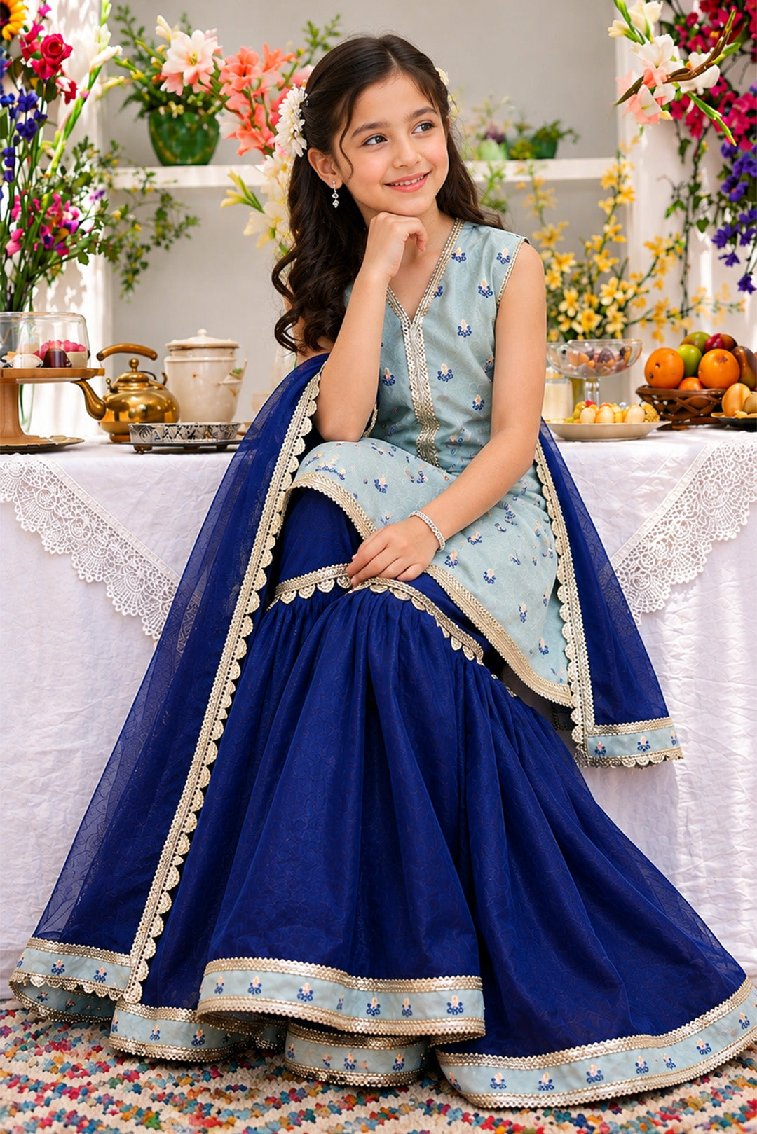 Front-Open Floral Jacquard Lurex Shirt with Gharara Set