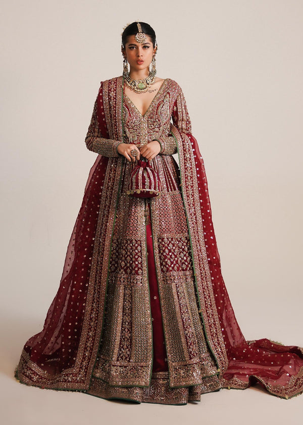 Pakistani Bridal Gown in Open Style with Red Lehenga and Organza Dupatta Dress for Wedding