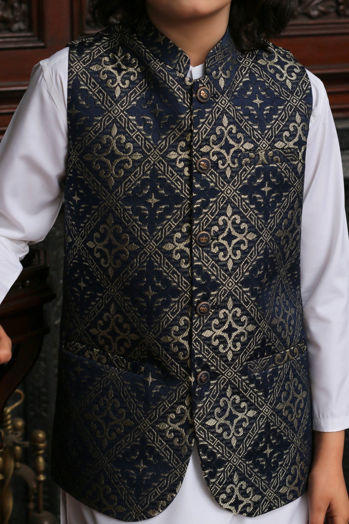 Charcoal Blue Embroidered Jamawar Boys Waistcoat