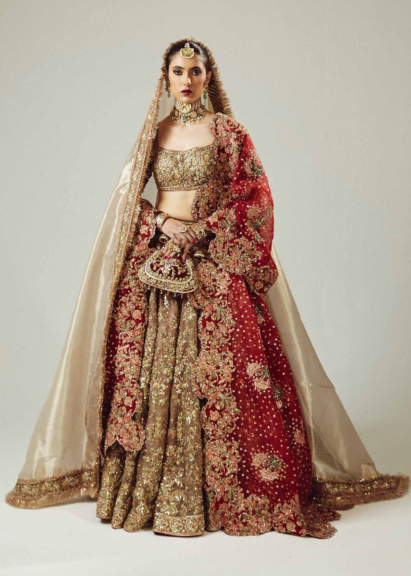 Gold Lehenga Choli with Maroon Dupatta Pakistani