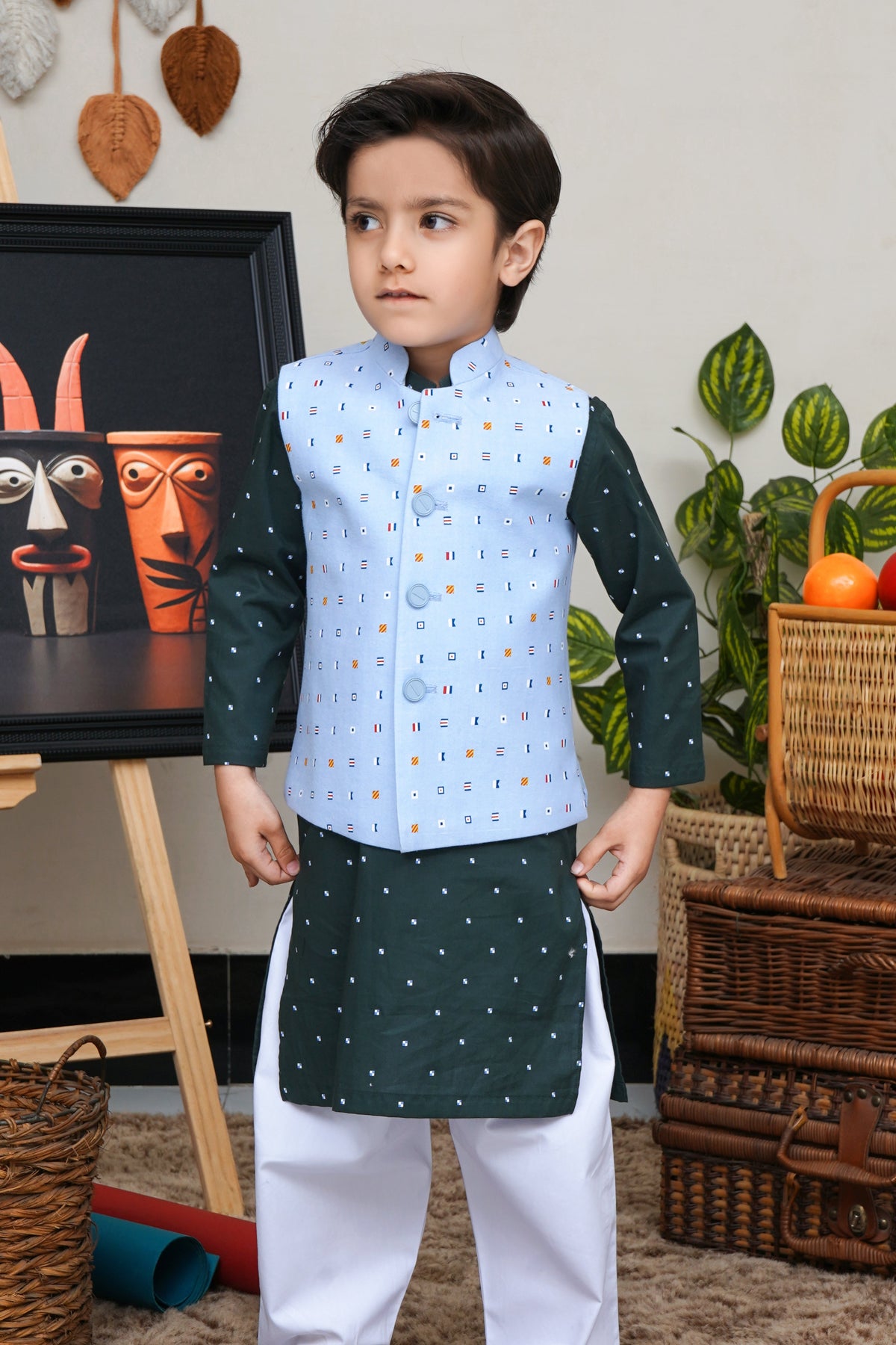 Ice Blue Printed Boys Waistcoat