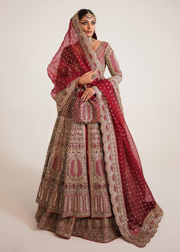 Pakistani Bridal Gown in Open Style with Red Lehenga and Organza Dupatta Dress for Wedding