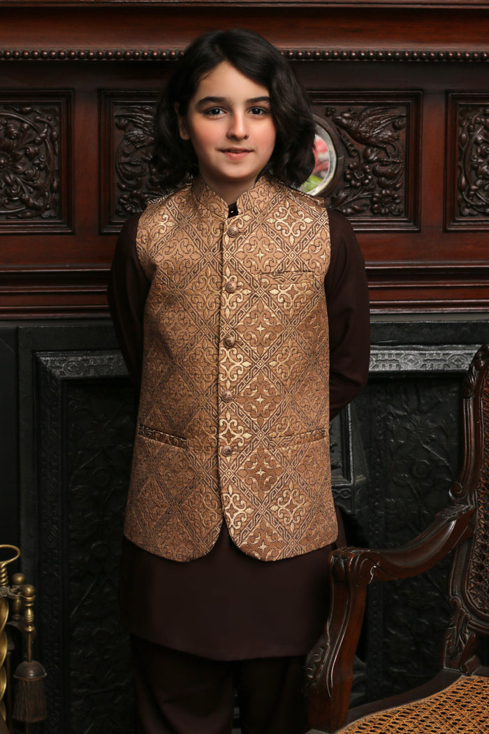Off White & Golden Embroidery Jamawar Boys Waistcoat
