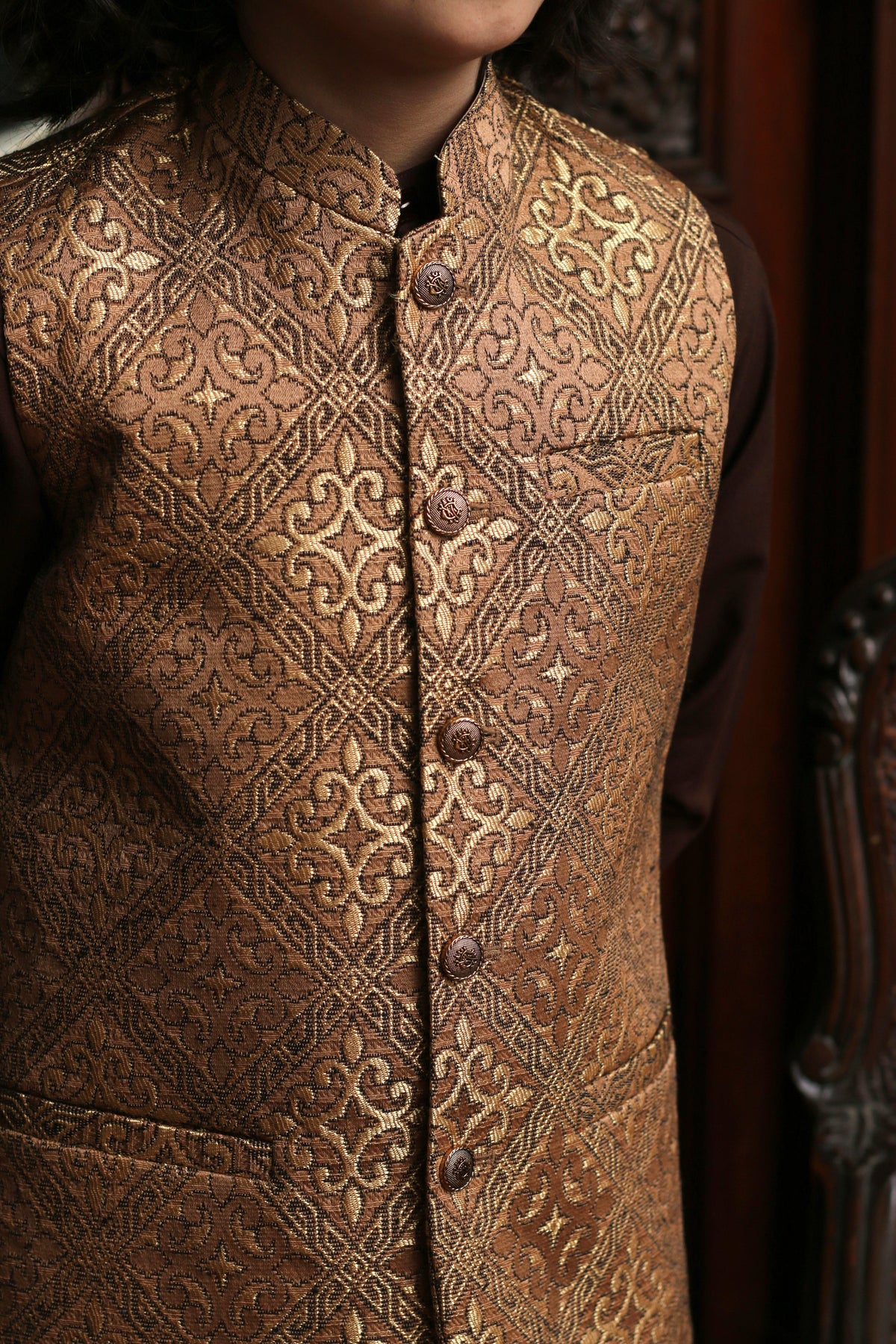 Off White & Golden Embroidery Jamawar Boys Waistcoat