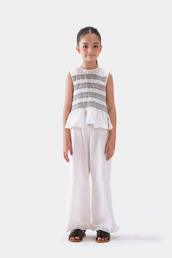 Off-White Smocked Embroidered Top & Ruffle Trousers Co-ord Set