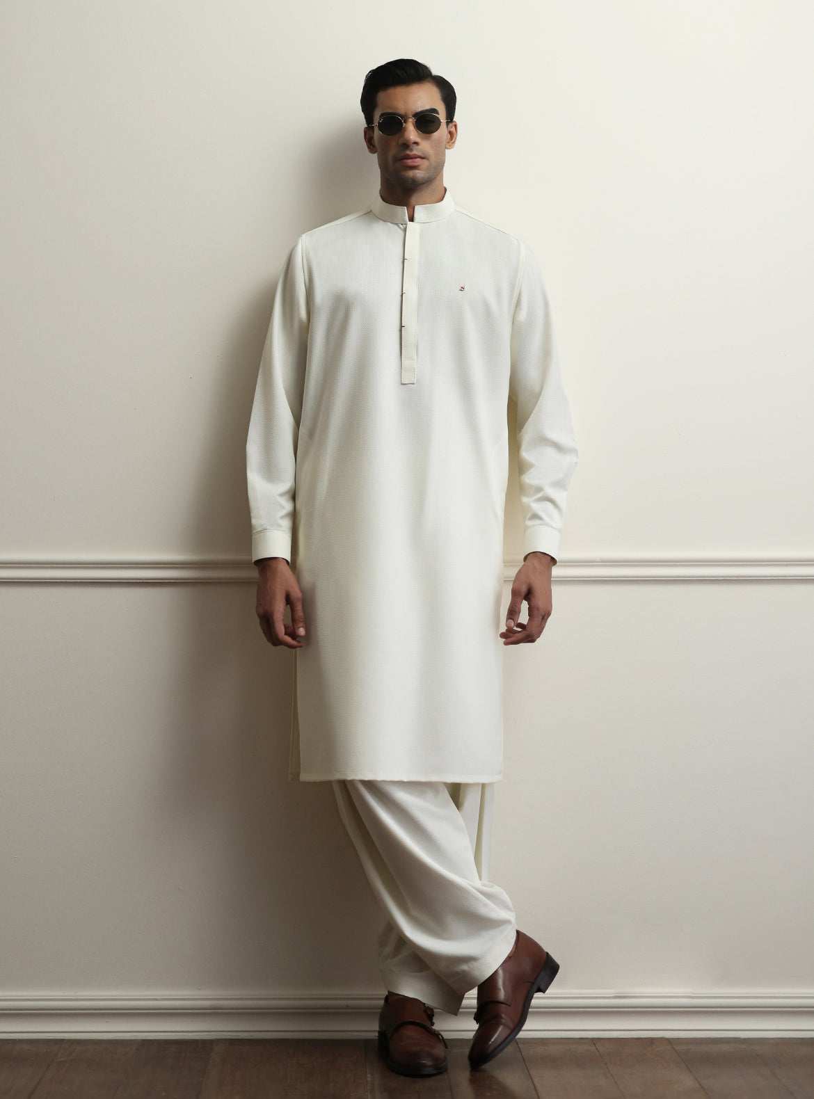 Cream Textured Kameez Shalwar