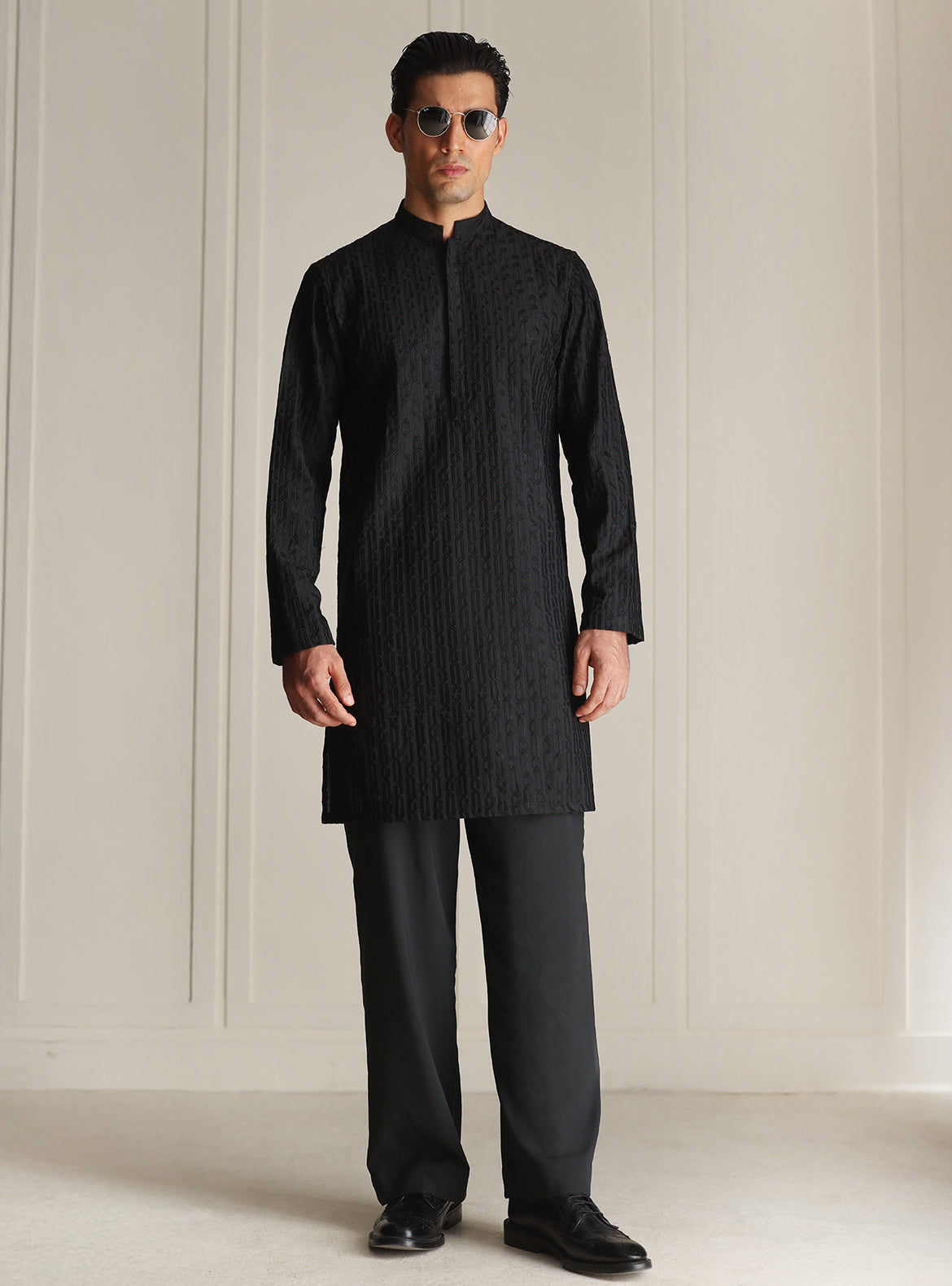 Black Mesh Embroidered Kurta