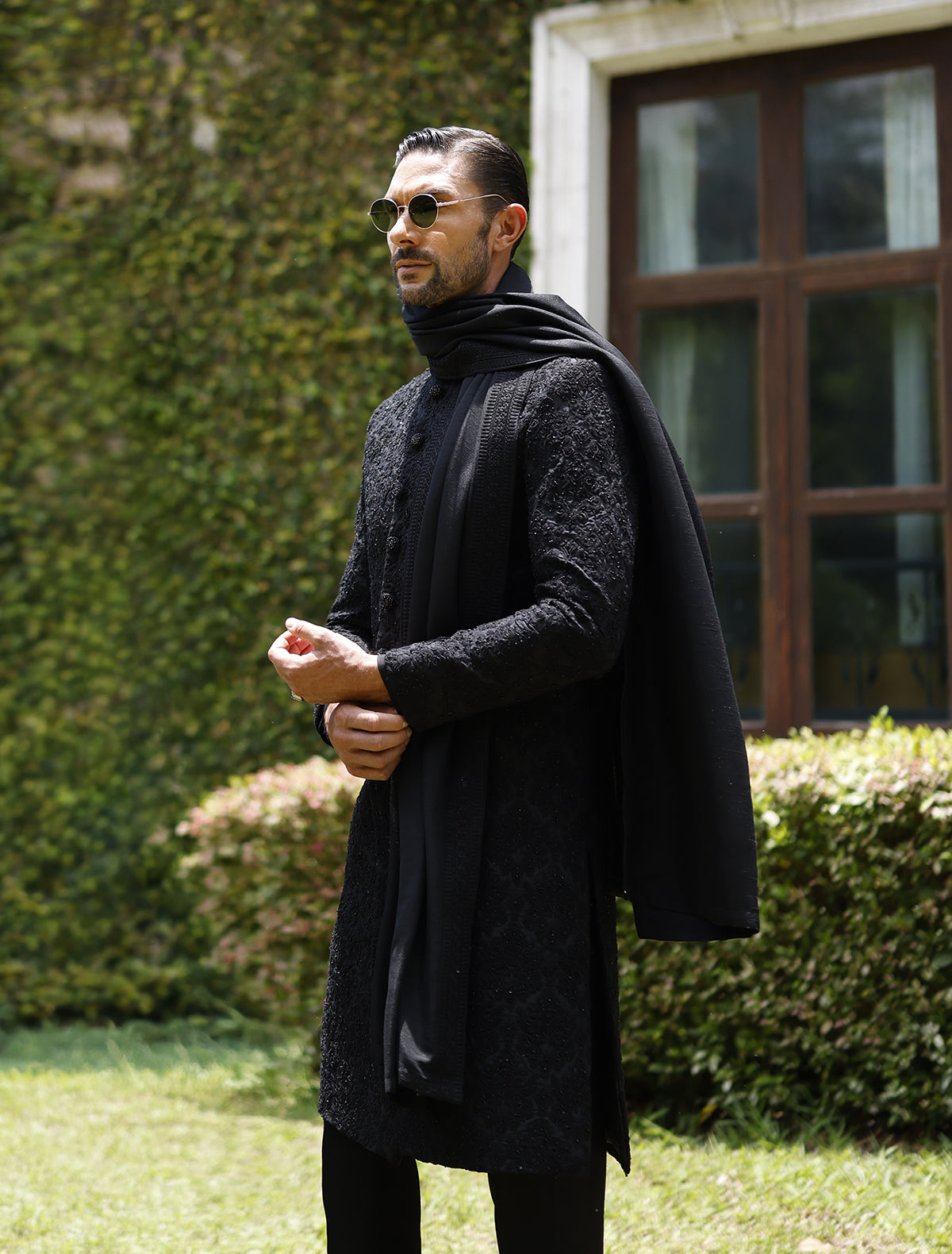 Black Self Embroidered Sherwani