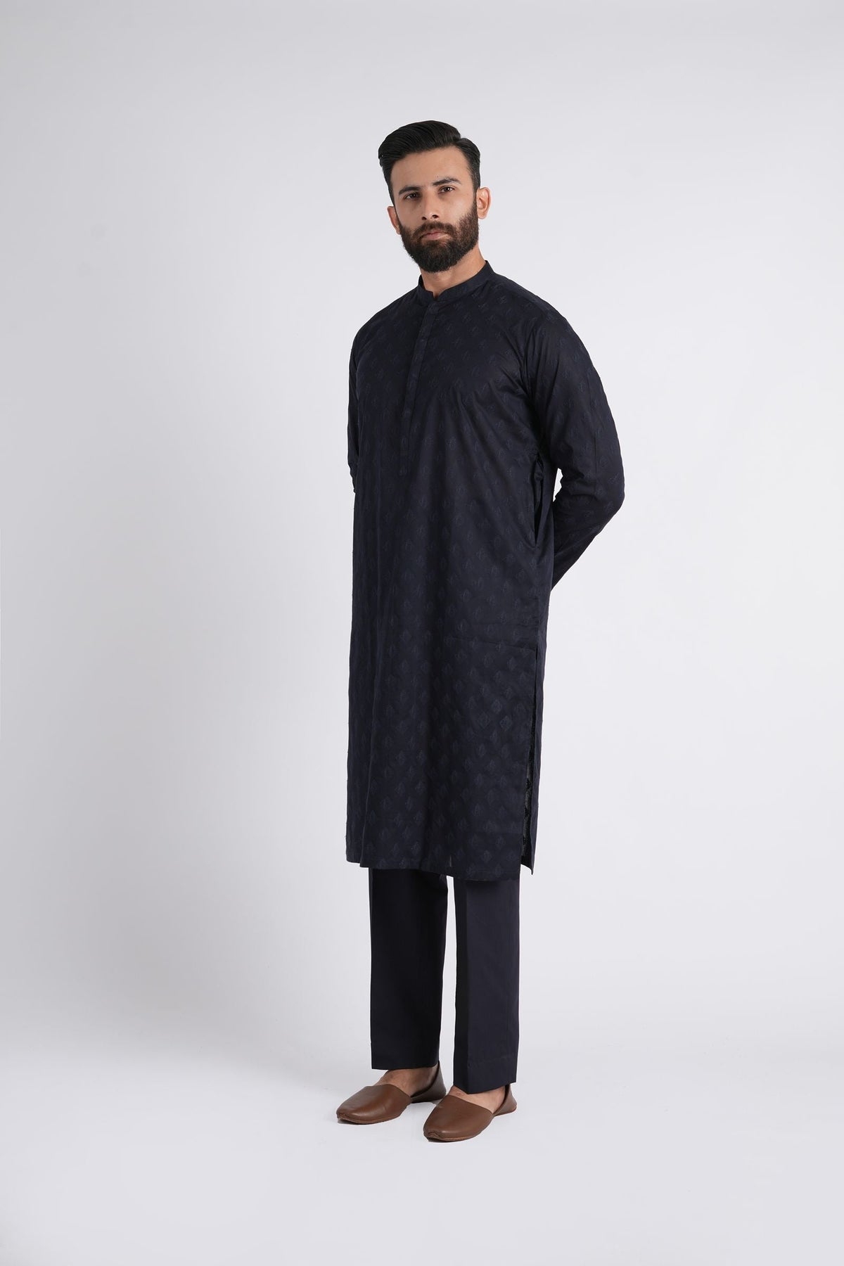 Embroidered Kurta Trouser-Navy-Blu