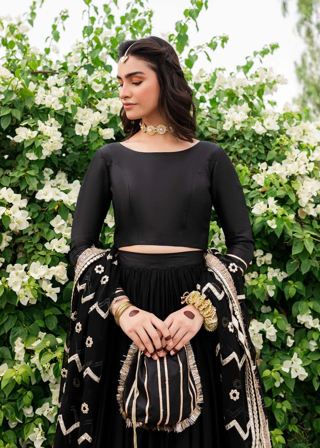 Black Blouse, Lehnga, Dupatta, Potli