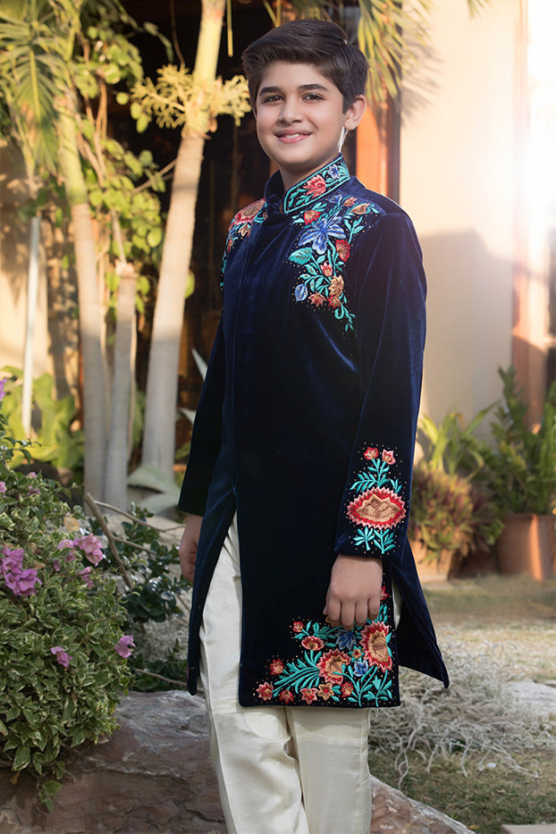 Embroidered Velvet Sherwani Suit — Blue Embroidered Velvet