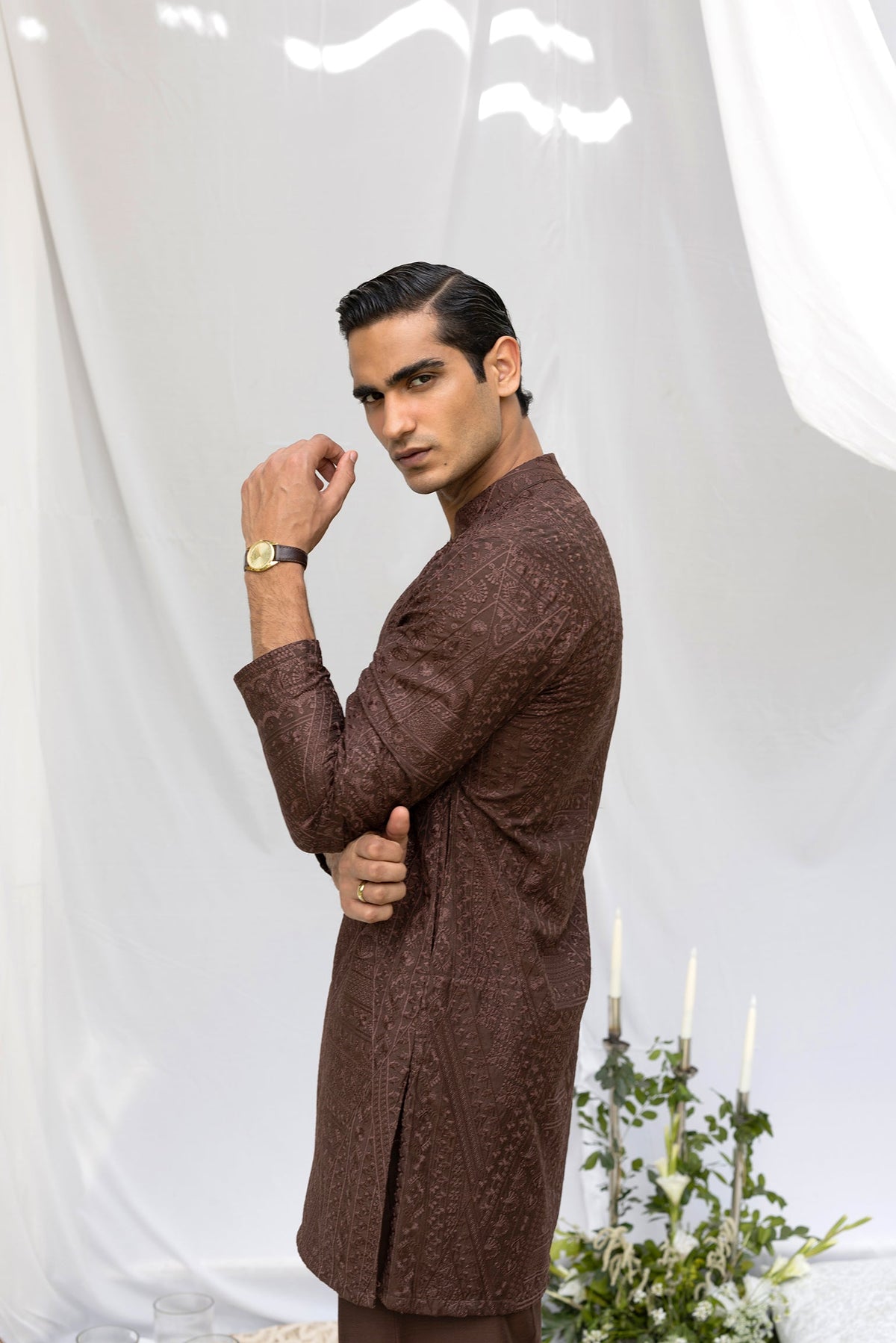 Brown Tarqee Kurta Pajama