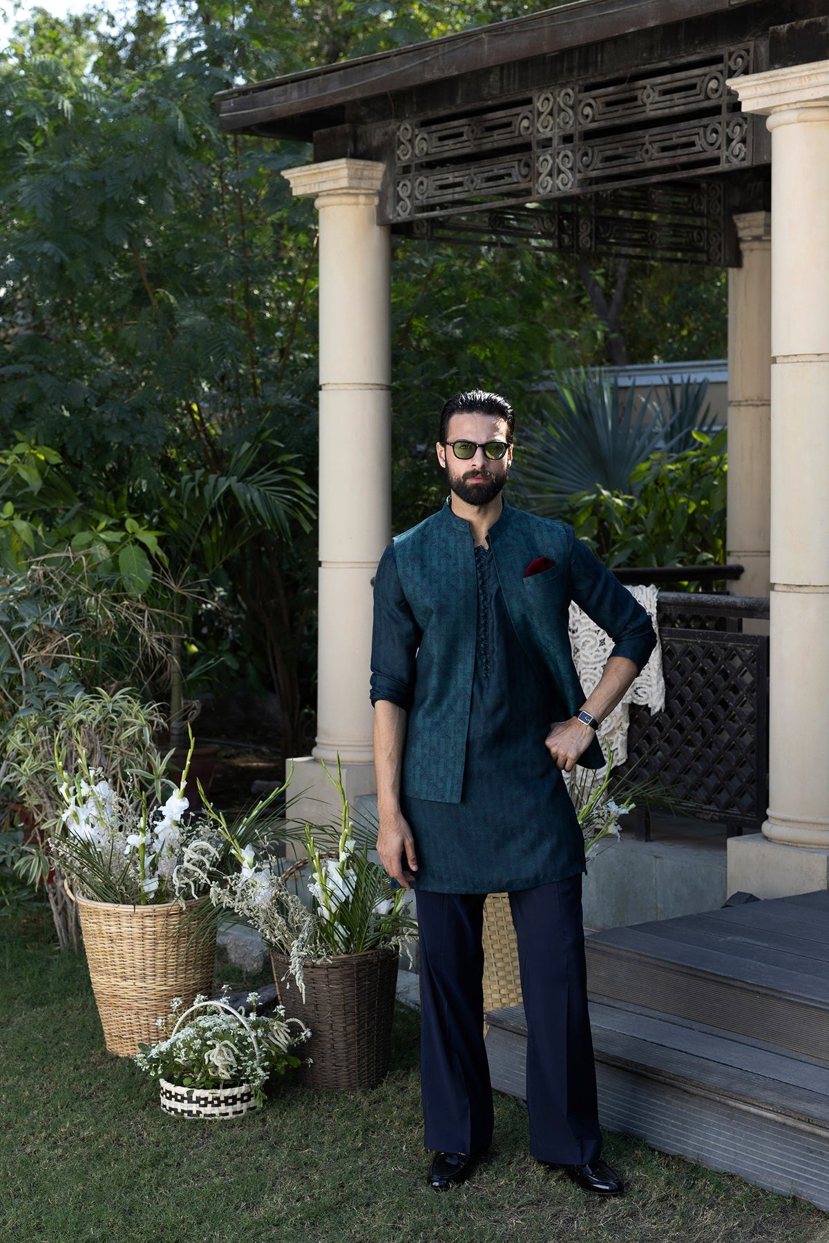 Teal Green & Blue Muhazzab Kurta Pajama